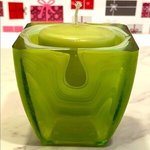 Vintage Hand Blown Art Green Glass Candle Holder with Green/white swirl